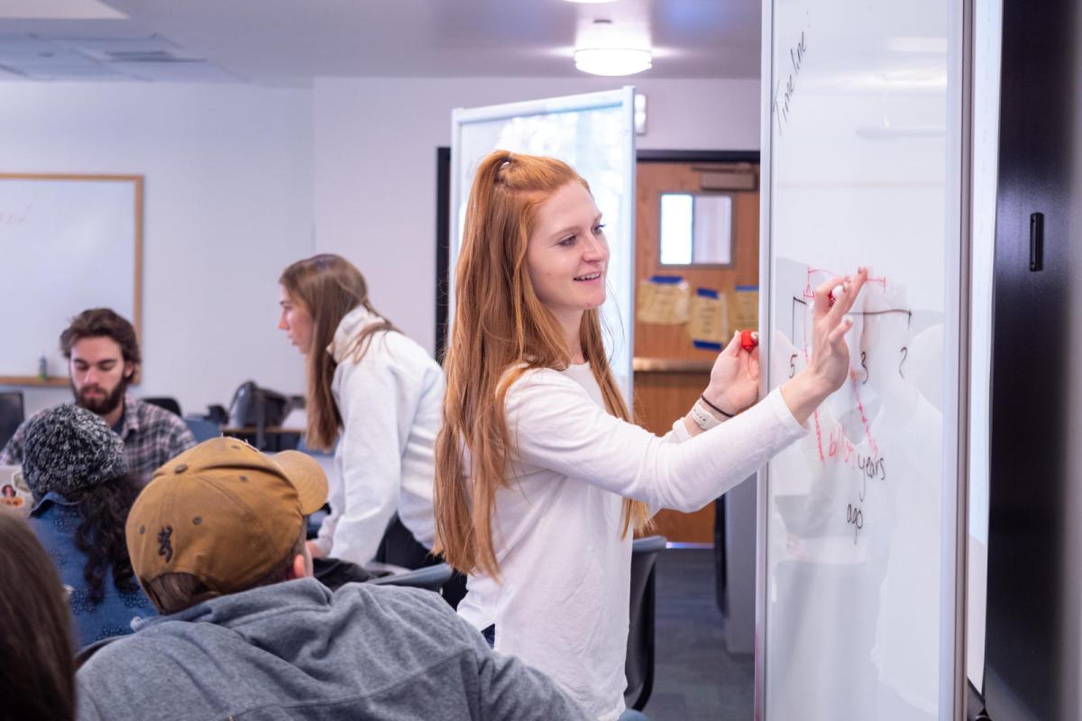 woman working at a white board