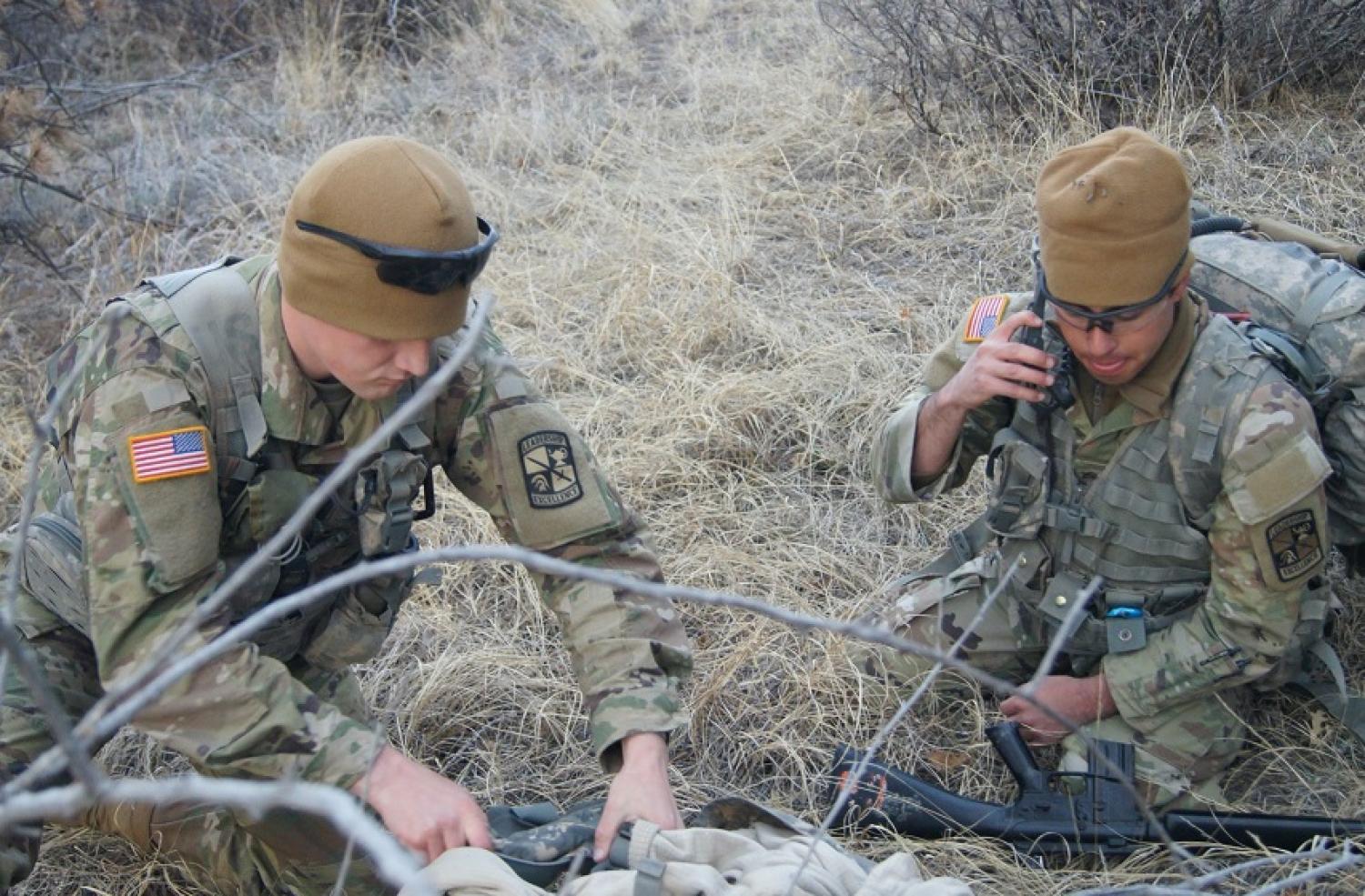 Army ROTC Leader Development Exercise (LDX) Spring 2023 – Cadet D’Agostino receives instructions on where to position his squad while participating in the patrol base training lane. Photo courtesy of Cadet Liam McDermott.