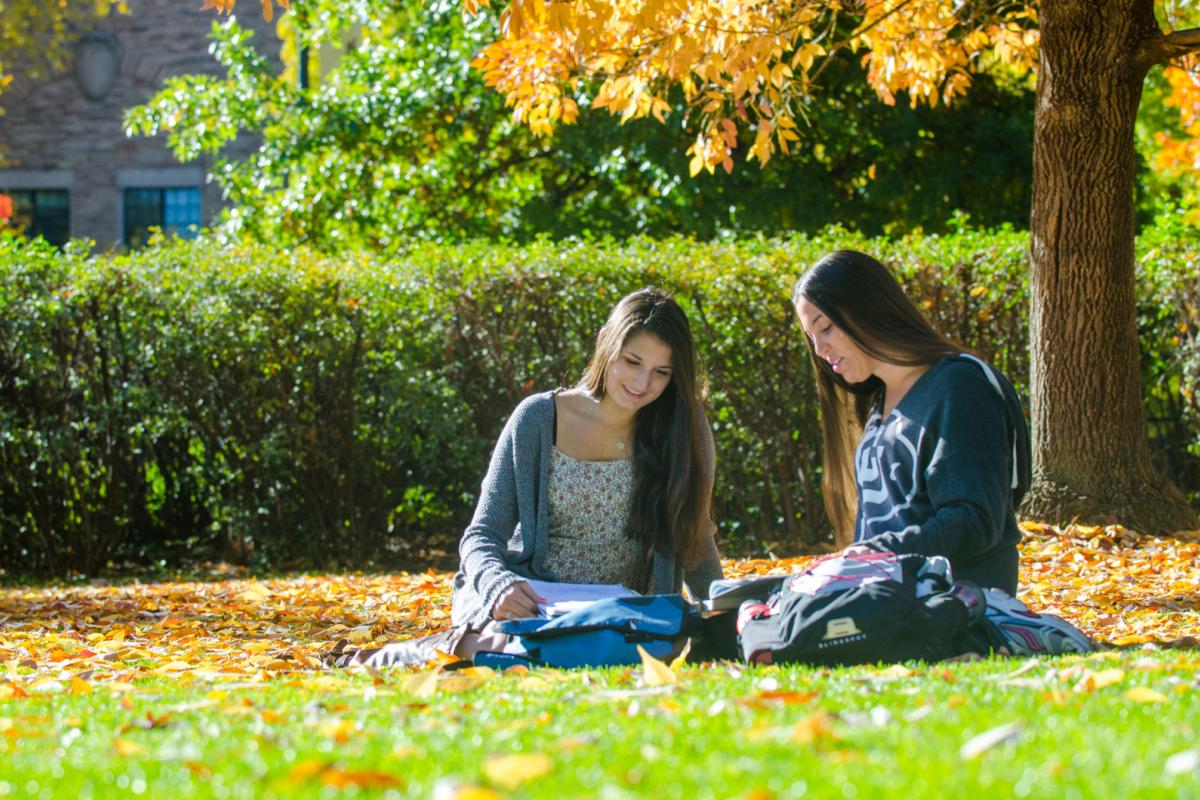 Students Studying, Fall, Leaves, Norlin Quad, Norlin Library, laughing, women