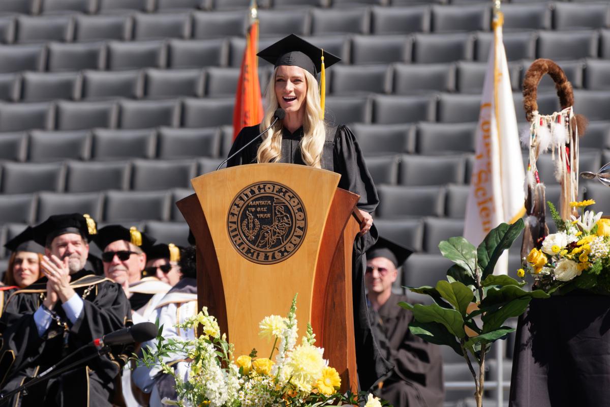 Emma Coburn giving the commencement address