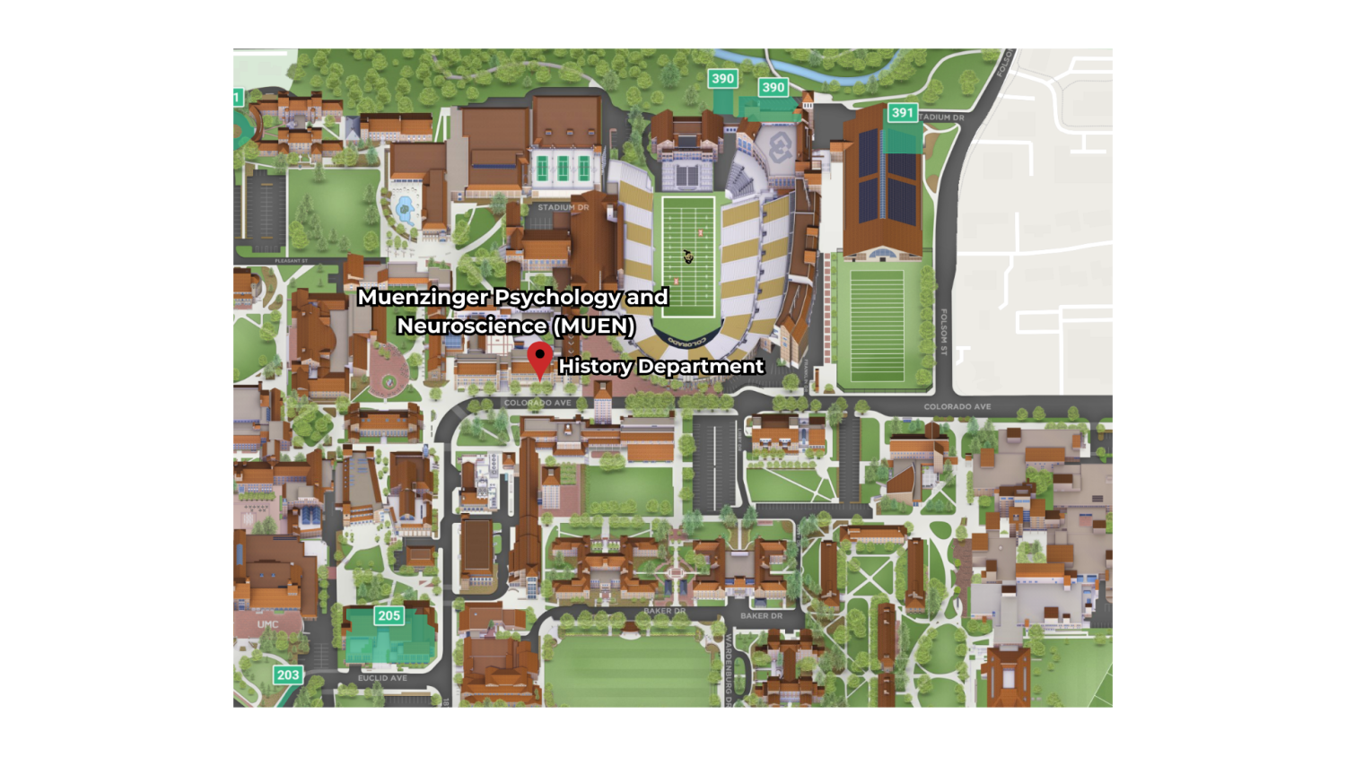 A map of CU's campus that shows the location of the History Department and nearby parking.