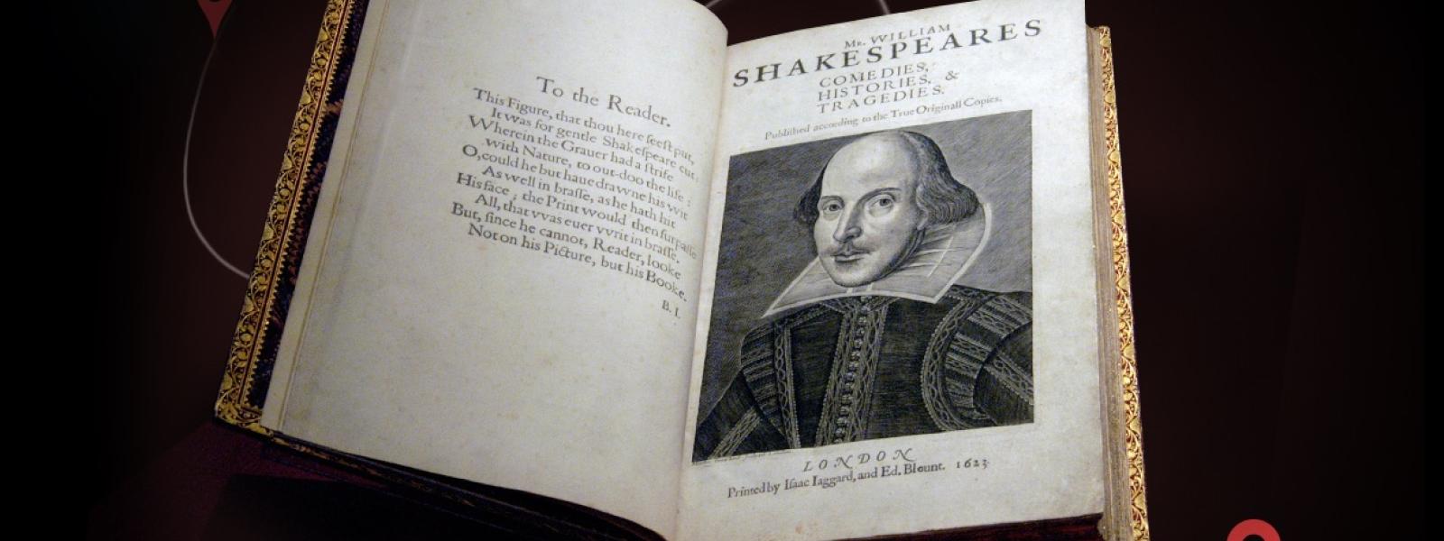 an image of Shakespeare's First Folio opened to a page with an illustration of William Shakespeare