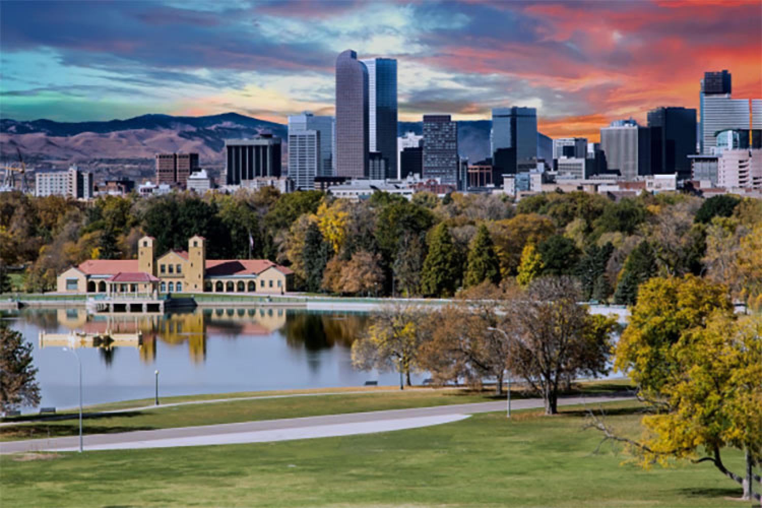 Denver skyline with the Flatirons in the background