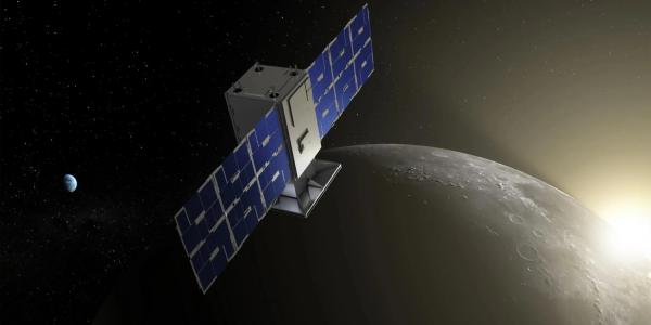 Rendering of the CAPSTONE satellite orbiting the Moon.