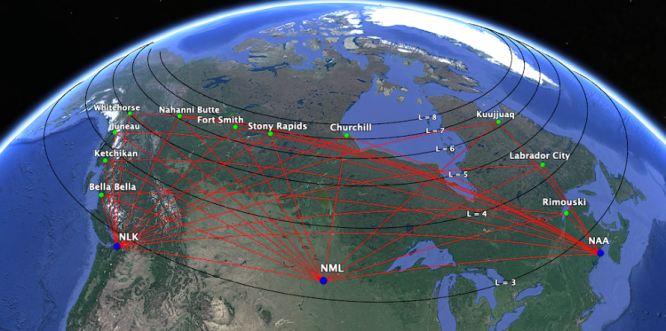 Map of Canada showing prospective radio receiver sites.