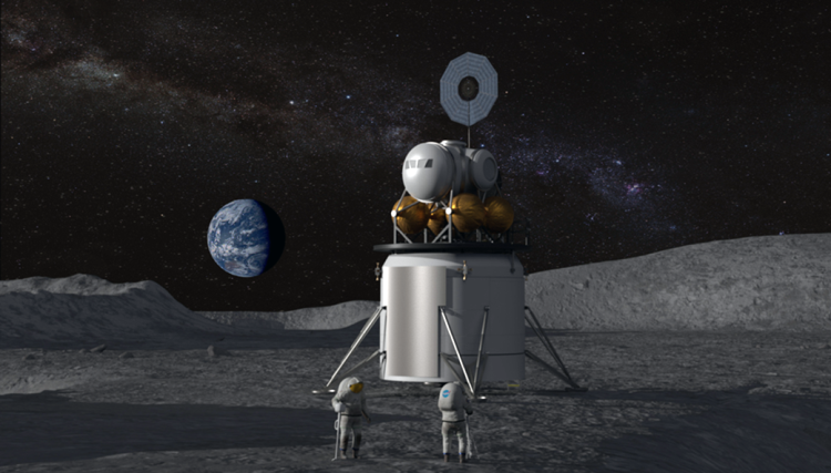 NASA conceptual image of human landing system and its crew on the lunar surface with Earth near the horizon. 