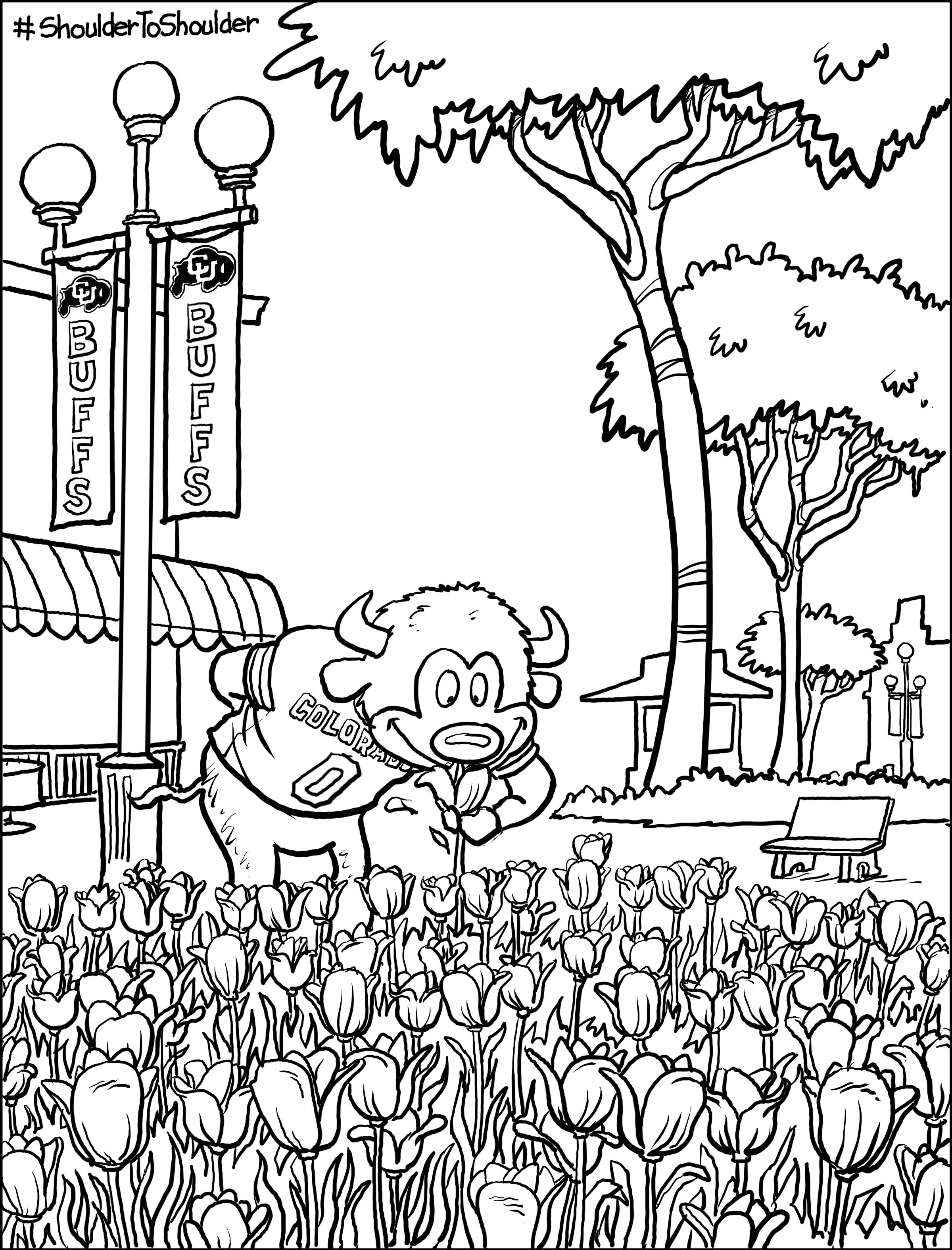 coloring page of Cu mascot Chip sniffing tulips