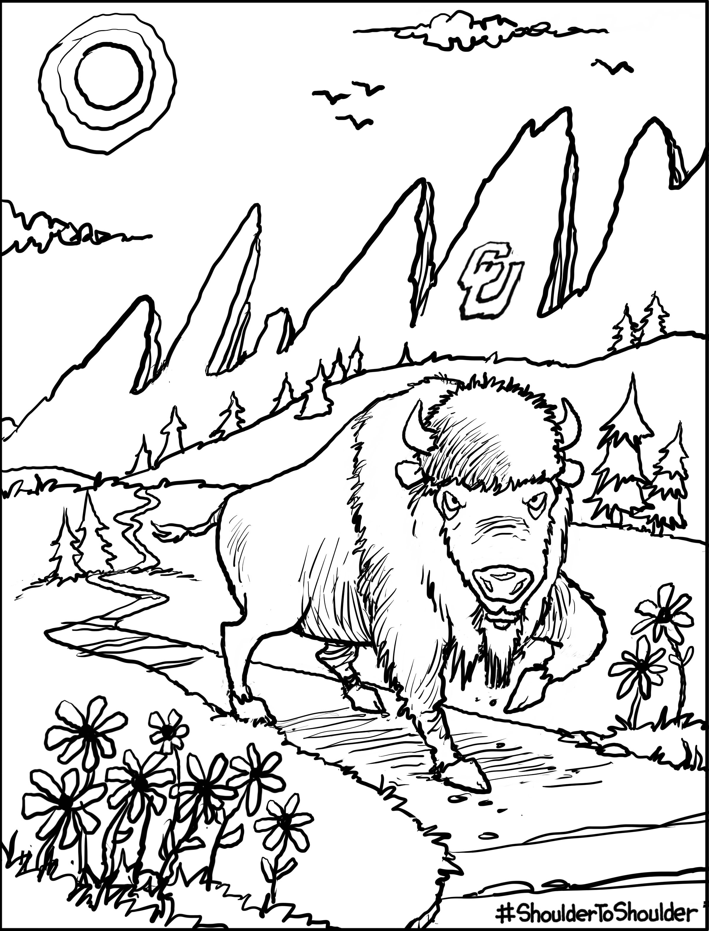 lineart of CU mascot Ralphie hiking in the flatirons