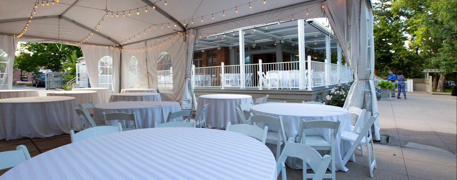 The outdoor venue and green space around the Koenig Alumni Center set up with 