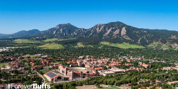 aerial view of CU Boulder campus with flatirons 
