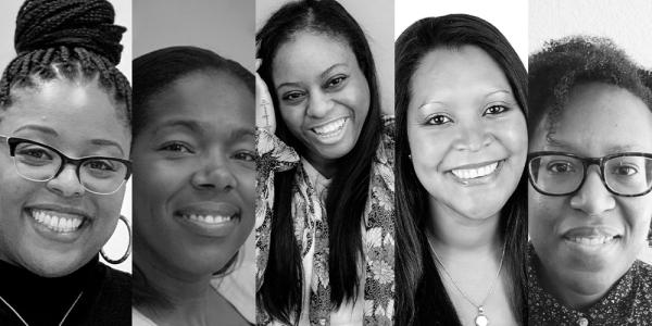 black and white images of the five speakers for the Black Women, Mental Health and Wellness" virtual panel