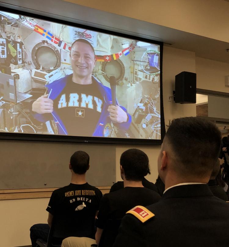 COL Andrew Morgan shows his Army pride from the space station.