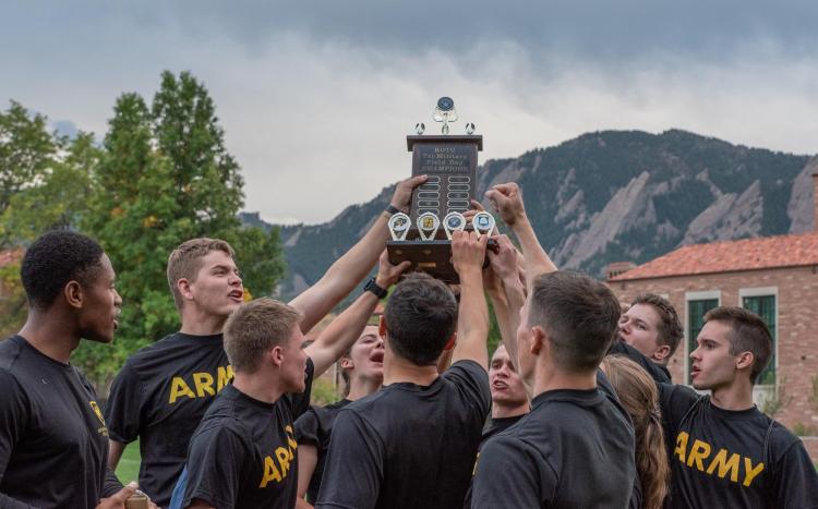 Army ROTC Cadets celebrating their first place victory in the annual Tri-Military Service Competition on October 7, 2021. Photo courtesy of AROTC Cadet Arianna Decker.