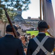 Army ROTC Color Guard Cadets march into Folsom Stadium to display the colors at the September 18th CU football game against Minnesota. Photo courtesy of Cadet Arianna Decker.