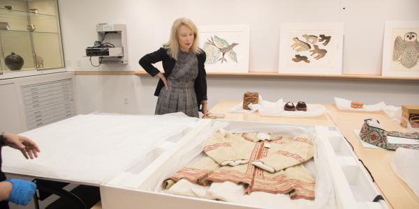 Annette deStecher presenting artwork at the CU Art Museum
