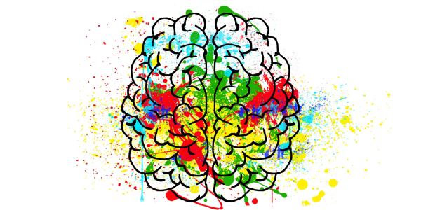 brain outline with multi-colored paint splotches