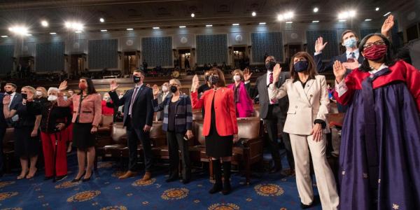Members of the 117th Congress of the United States are sworn in at the Capitol in January 2021.
