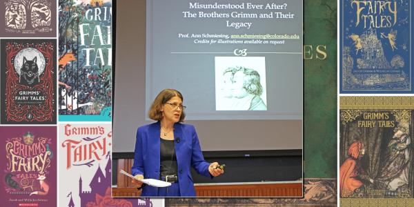 Ann Schmiesing giving Brothers Grimm presentation