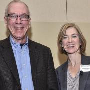 Nobel Laureate Tom Cech, left with Jennifer Doudna at the Butcher Symposium on the CU Boulder campus in 2015. Doudna, who did postdoctoral research in the Cech lab, won the Nobel Prize for Chemistry Wednesday.