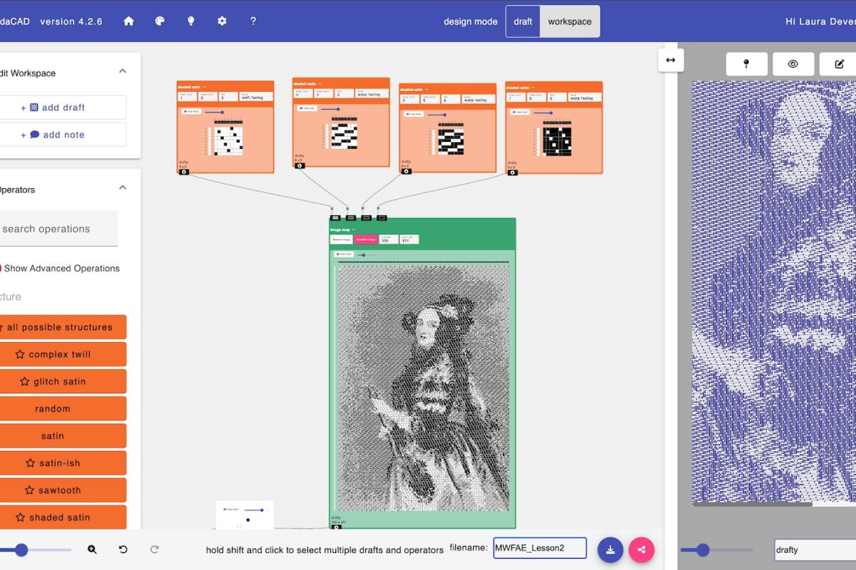 Screenshot of AdaCAD interface with a complex weaving pattern