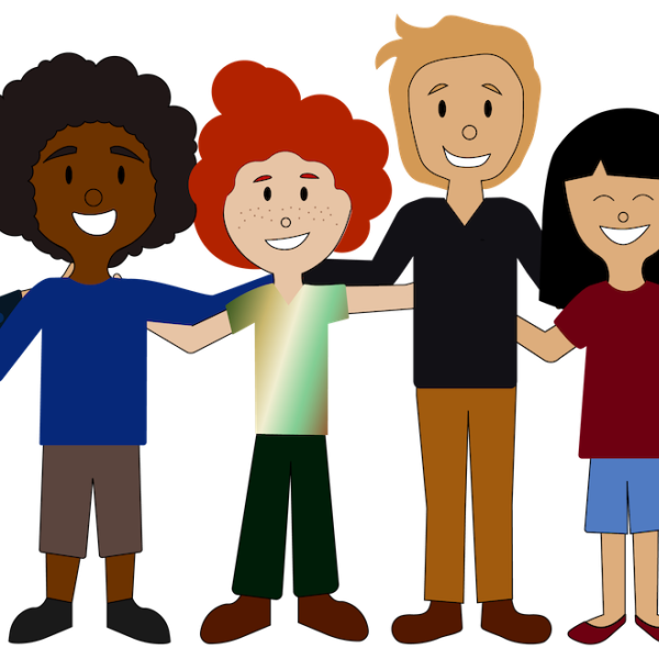 Animation of people of different colors and sexes with arms around each other.