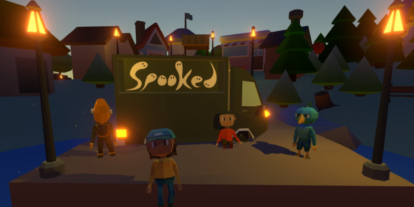 Characters from the Spooked animation on a dark street lit up by lights that spell sppoked.