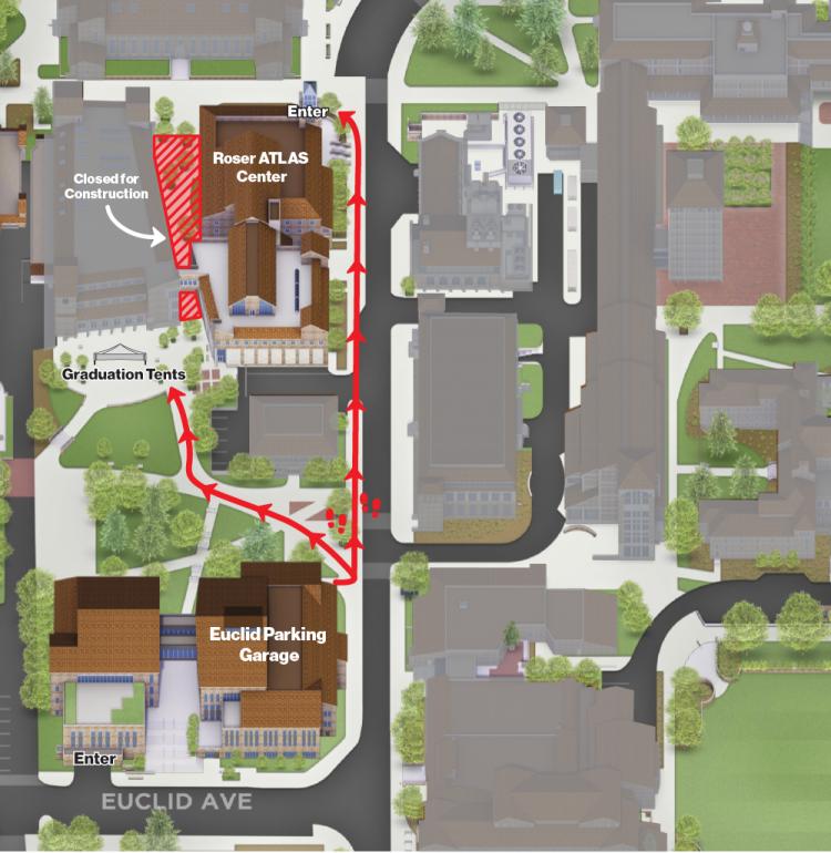 Map indicating how to get to ATLAS and the graduation tent from parking garage