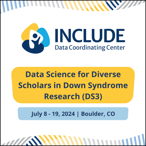 A yellow and blue graphic with the words Data Science for Diverse Scholars in Down Syndrome Research (DS3)