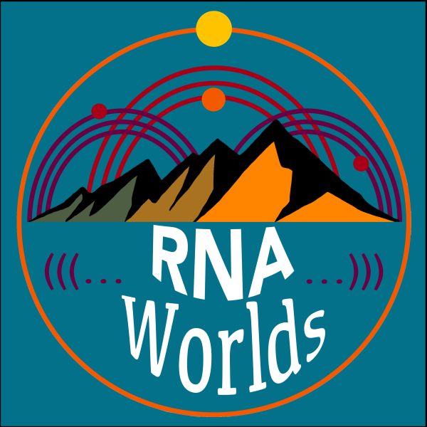 The words "RNA Worlds" in white with an illustration of the Flatiron mountains in shades of orange and green, three triple arcs in shades of red and purple, on a teal background