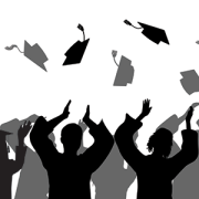 An illustration of silhouettes of graduates throwing their caps in the air
