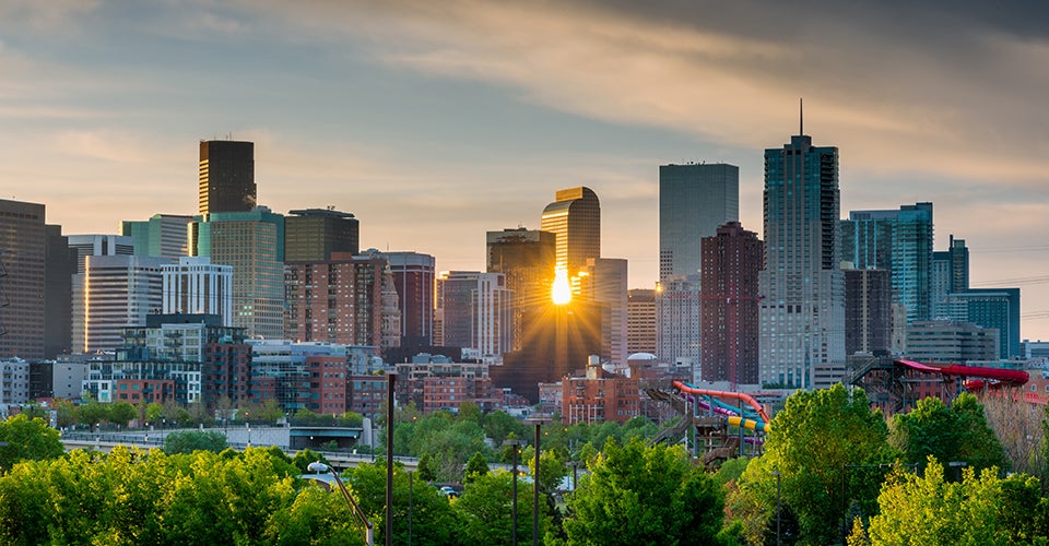 The Denver skyline at dawn.