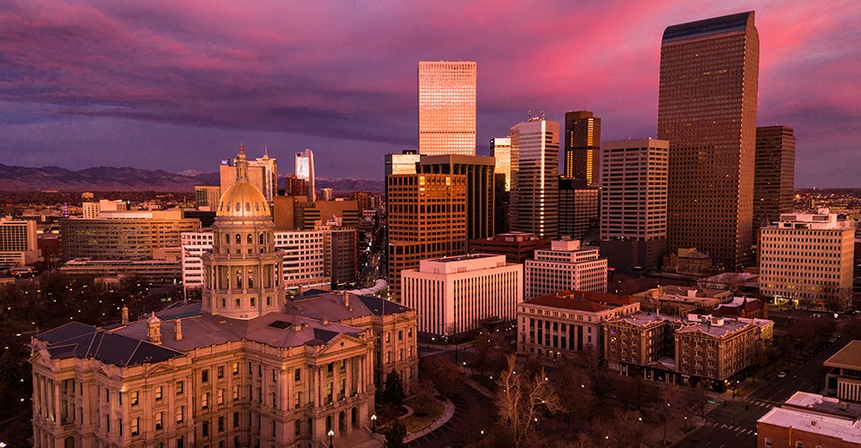 The Denver skyline at sunrise.