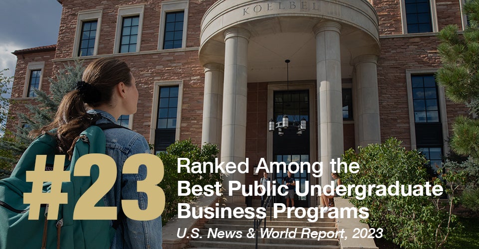 A student walks into the Koelbel Building. Overlaid text indicates Leeds' ranking of 23rd among public business schools in US News & World Report.