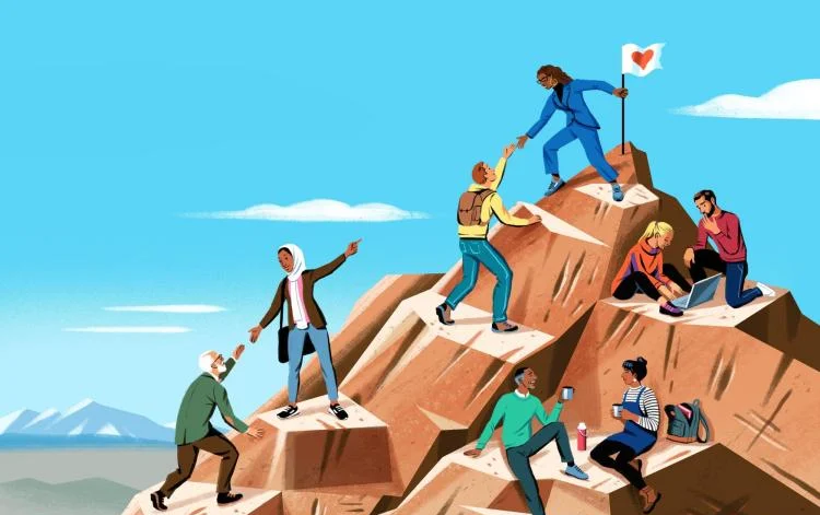 Illustration of people interacting while climbing a mountain