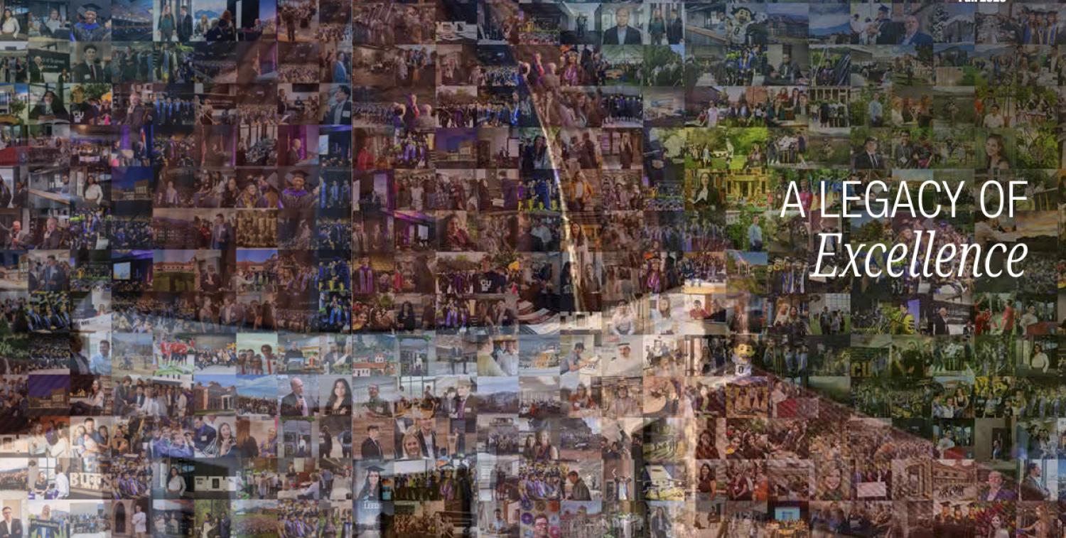 Cropped version of the 2025 Business at Leeds magazine cover, a mosaic of photos forming an image of the Koelbel Building dome