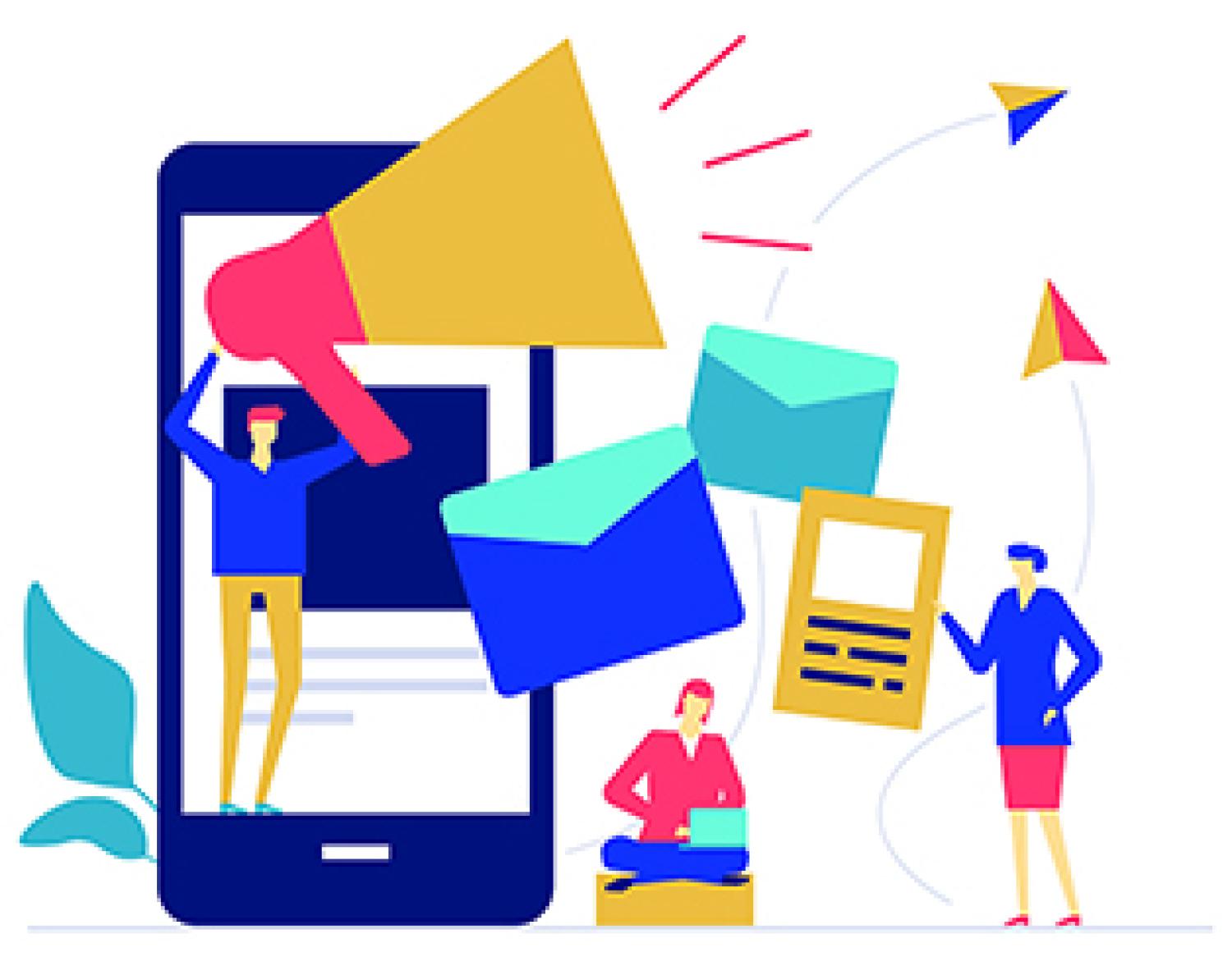 Illustration of people using a phone and social media