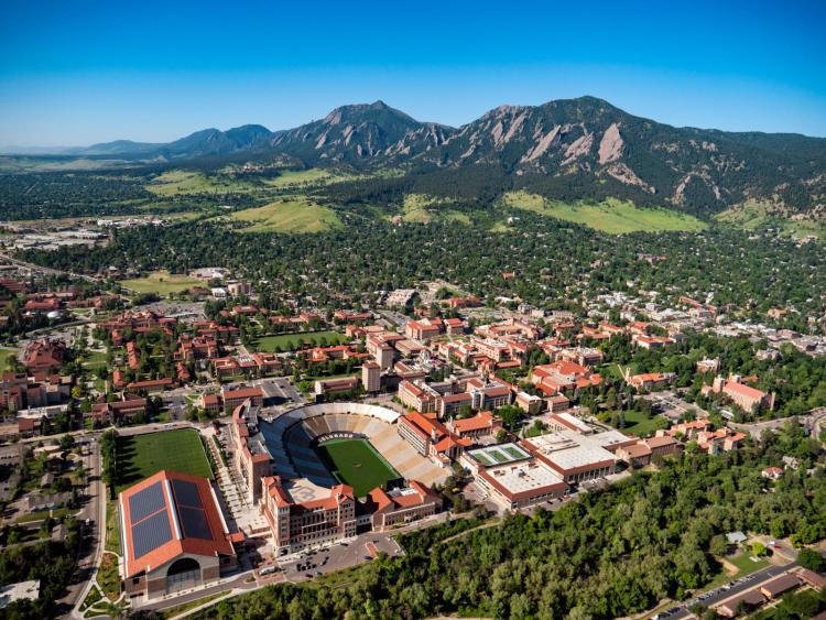 cu boulder aerial view with mountains