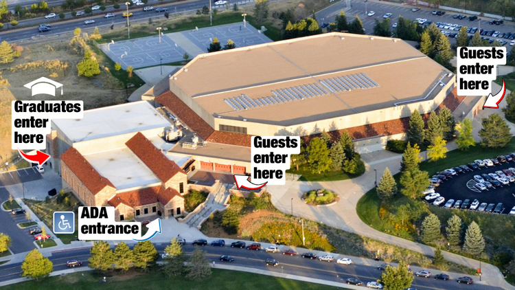 Map of the CU Events center with text showing entries for graduation ceremonies
