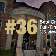 Students enter the Koelbel Building at sunset. A text overlay indicates the new graduate rankings for Leeds among public schools.