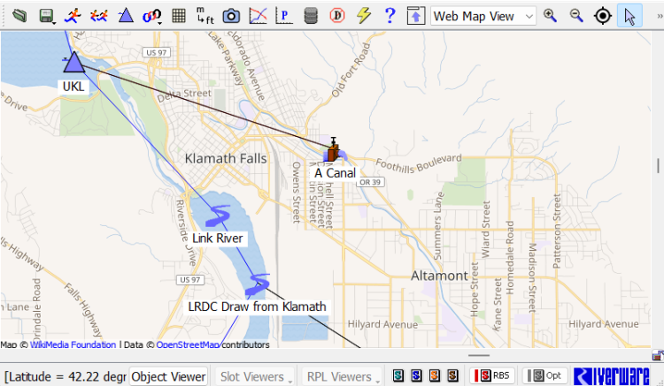 Screen shot of Web map view in RiverWare
