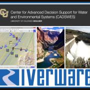 CADSWES logo, RiverWare logo, RiverWare workspace, Colorado River and a dam