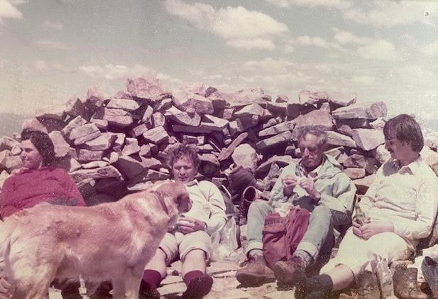 Kaspar Willam, Kurt Gerstle, Stein Sture and JoAnn Silverstein rest on top of Mount Audubon, in Colorado in Sept., 1984.