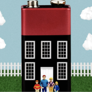 Graphic of a family in front of a large battery