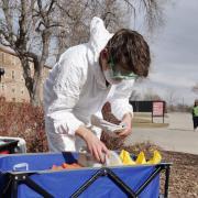 PJ from Reno, Nevada, who graduated from CU Boulder environmental engineering, conducts COVID-19 wastewater testing on the CU Boulder campus in March of 2021.