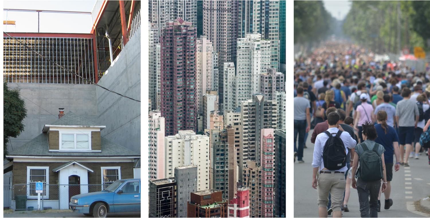 Three photos showing a house engulfed by buildings, tall buildings in a city and the backs of a crowd of people walking in a city.