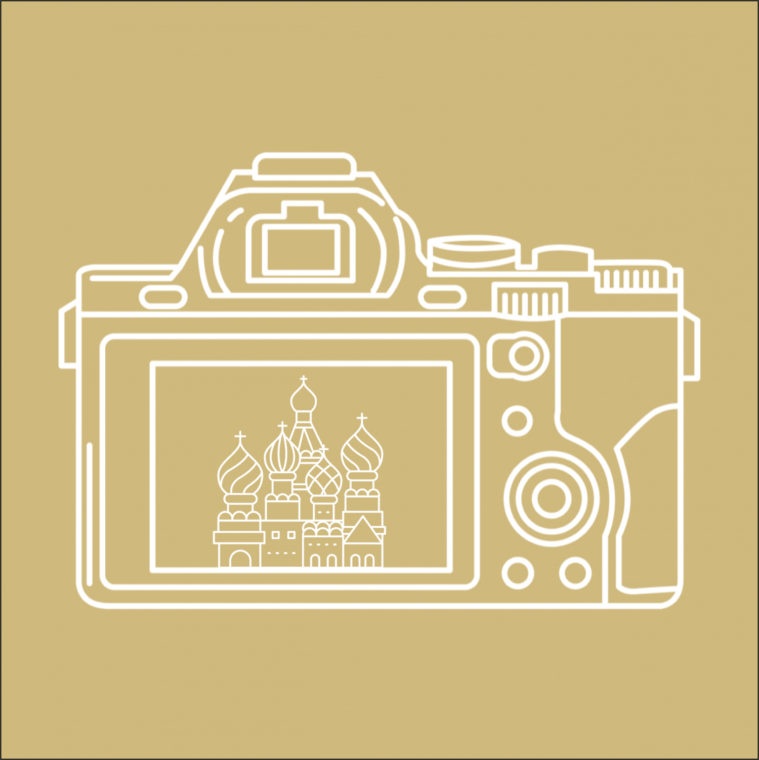 Camera icon with building depicted in lens