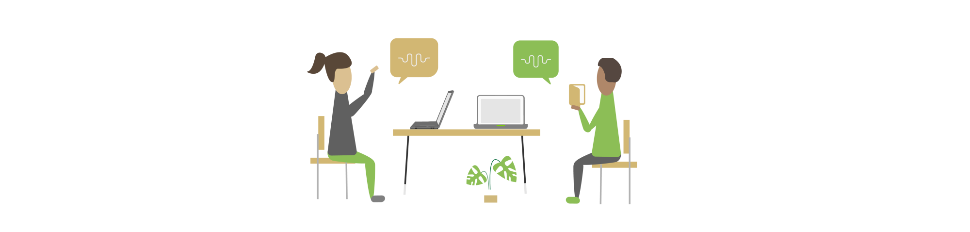 Two avatars sitting at table with laptops talking with each other.