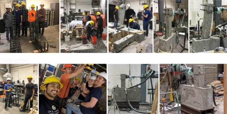 Collage of students working in structures lab