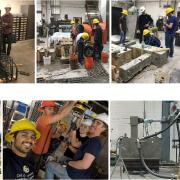 A collage of photos of students working in the structures lab. 
