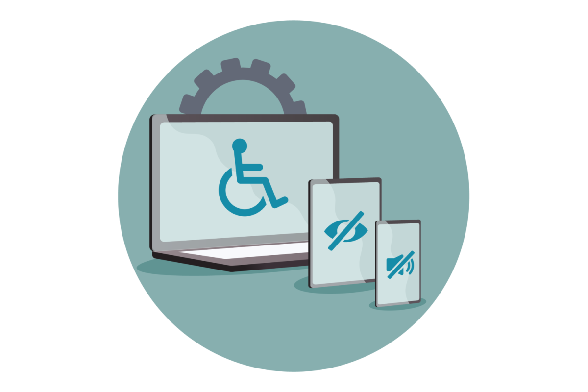 Image of laptop, phone, and tablet with accessibility symbols on it